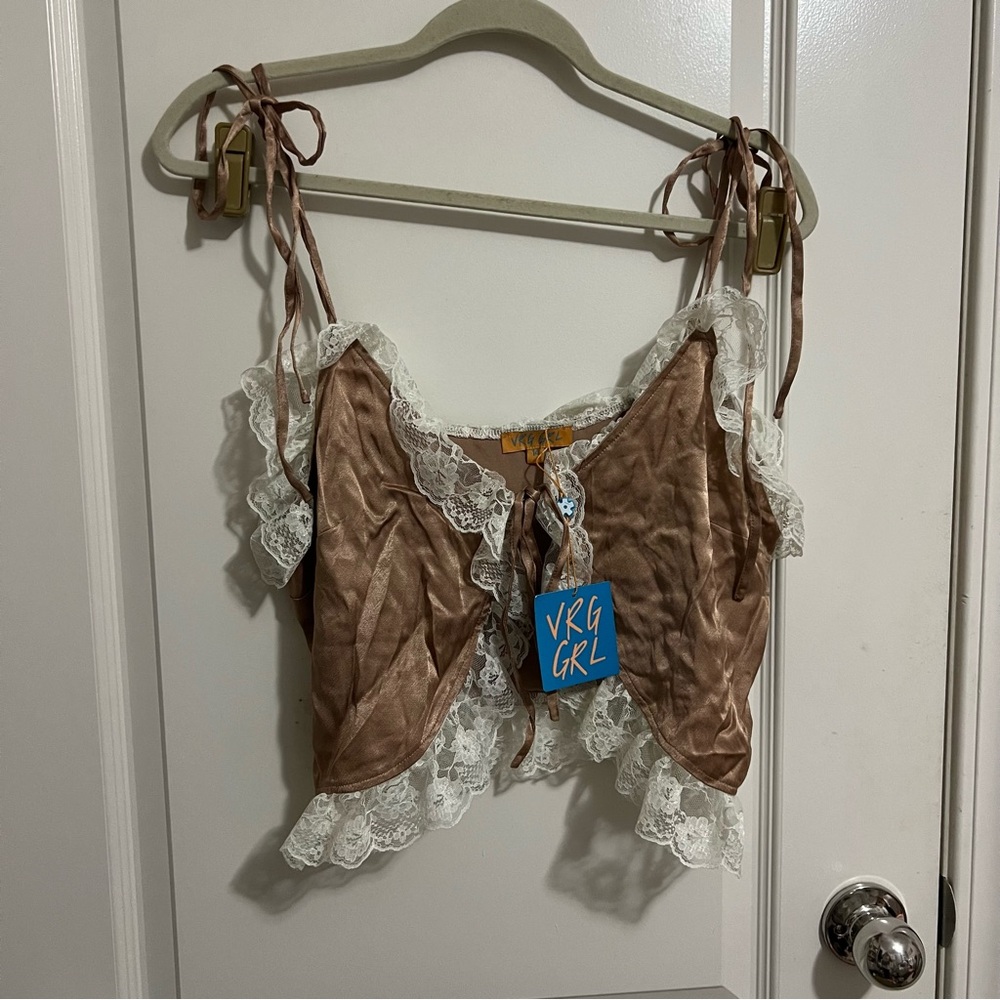 VRG GRL Brown Lace Trim Top